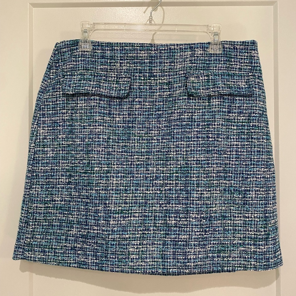 LOFT Blue Plaid Tweed Skirt w/ Front Pockets, size 14P